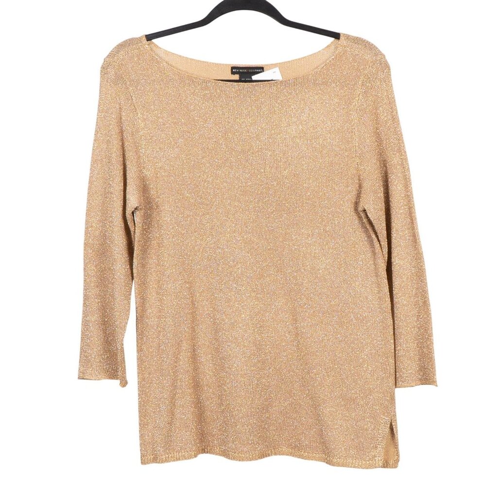 New York & Company Gold Metallic Knit Sweater S Womens NEW Stretch Holiday Party
